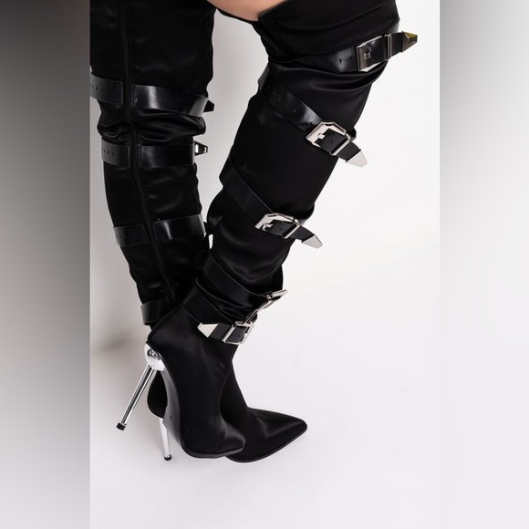 Black Vegan Leather Tall Slouchy Knee High Stiletto Heel Boots - Picture 2 of 4